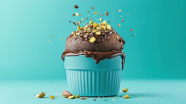 Chocolate Cupcake with Nuts on Blue Background