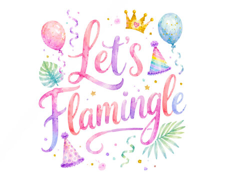 Let's flamingle lettering clipart with pastel party hat, crown, balloons and tropical leaves, fun flamingo birthday phrase for summer designs. Vector illustration.