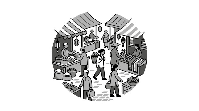 Outdoor market scene with shoppers and vendors selling goods
