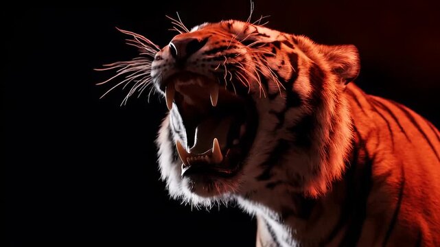 A magnificent tiger roars with formidable intensity, its striped fur strikingly illuminated by dramatic red light, embodying untamed power and wild aggression