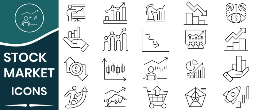 Stock market icon vector set. growth and decrease icon sign. Trading charts, investments, shares, stock exchange, analysis ,growth up and down, and more. Profit and loss symbol.  Vector illustration.
