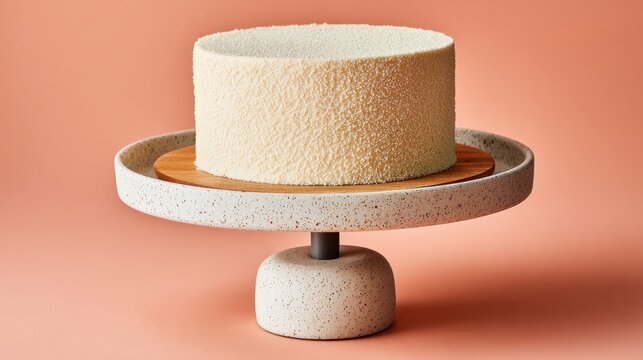 Elegant White Cake on a Ceramic Stand Against a Soft Pink Background.