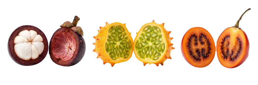 Exotic Fruits Collection: Mangosteen, Kiwano Melon, Tamarillo Halved - White Background