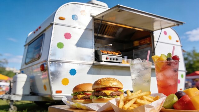 Food truck serving burger and french fry at summer festival. Fast food meal with cold cocktail drink outdoor. Mobile kitchen catering service for street party and weekend event.