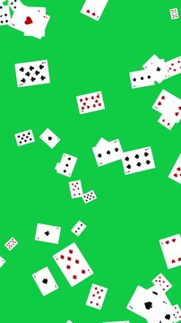 poker game cards falling isolated on green screen animation, casino and gambling and bet overlay vertical social media motion design element