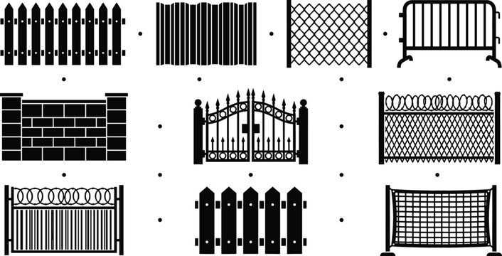 Fence and gate silhouette vector icon set featuring picket metal chain link wooden brick wall barbed wire security barricade structures for property border design elements