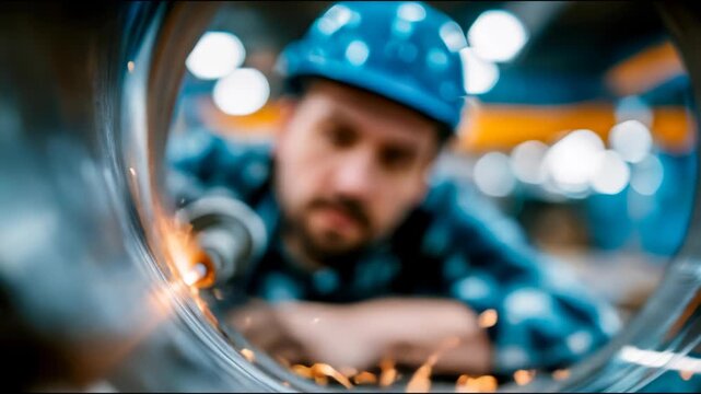 Industrial worker in a hard hat grinds inside a large metal pipe with sparks, showing engineering, repair, safety, and maintenance work