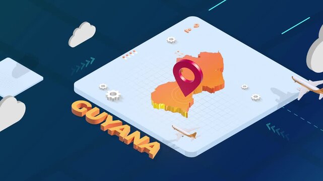 Isometric 3D Render of Guyana Map with Red Location Pin Pointer and Floating Airplanes