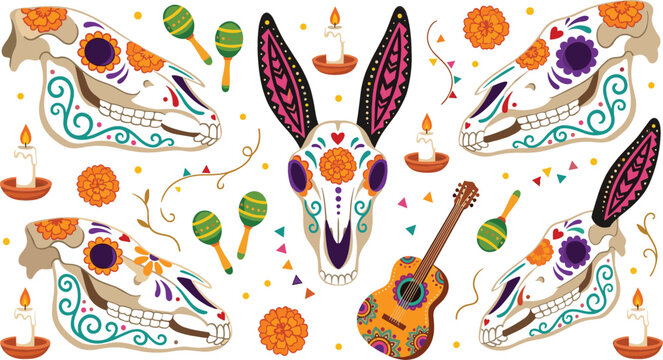 Dia de los Muertos Mexican sugar skull vector set featuring decorated animal horse donkey skulls guitar maracas candles and marigold flowers for Day of the Dead celebration