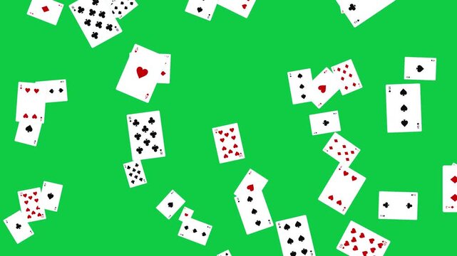 poker game cards falling isolated on green screen animation, casino and gambling and bet overlay social media motion design element