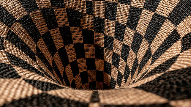 Warped Chessboard Vortex: A surreal, funnel-shaped vortex rendered in a classic black and brown chessboard pattern, creating a disorienting and abstract optical illusion.