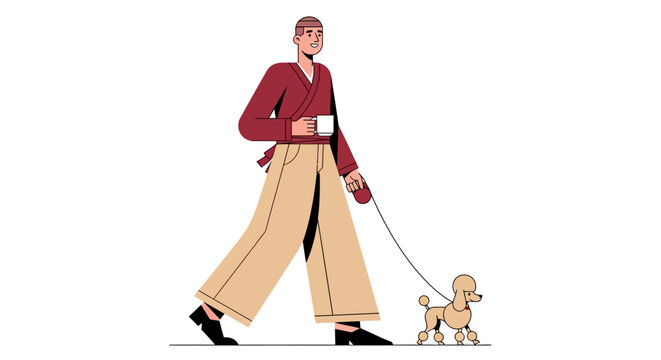 Woman in red jacket walking small dog on leash.