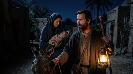 Fototapeta premium Saint Joseph leading donkey with Blessed Virgin Mary carrying baby Jesus through night. Holy family escaping to Egypt. Biblical scene, Christmas religion concept, faith and history.