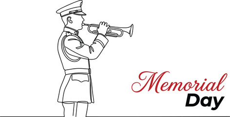 Line art military bugler playing trumpet with memorial day text patriotic remembrance tribute design template © Maverick Creations