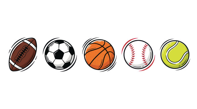 Collection of Popular Sports Balls - Football, Soccer, Basketball, Baseball, Tennis