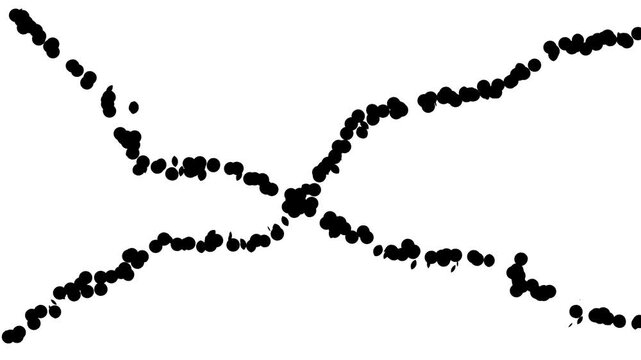 Black dotted wavy trail lines crossing on white background, playful abstract route pattern with handmade dots and flowing movement