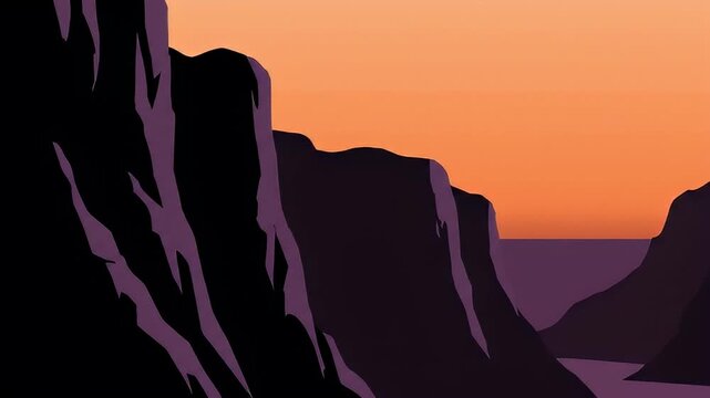 Minimalist Vector Illustration of a Deep Purple Canyon under a Warm Sunset Sky