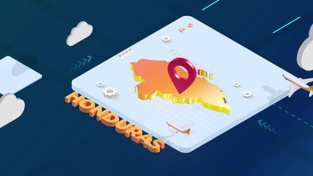 Isometric 3D Render of Honduras Map with Red Location Pin Pointer and Floating Airplanes
