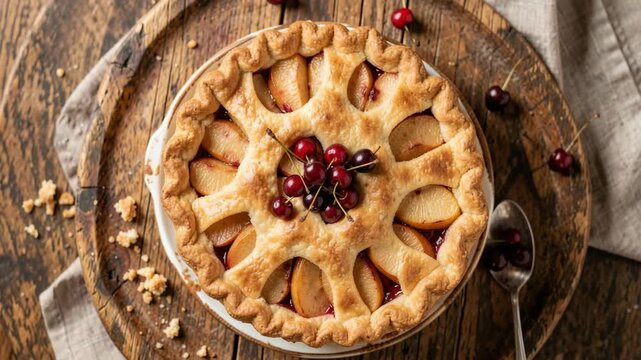 A scrumptious fruit pie with a golden brown crust and juicy berries in the center, sitting on a rustic wooden table.
