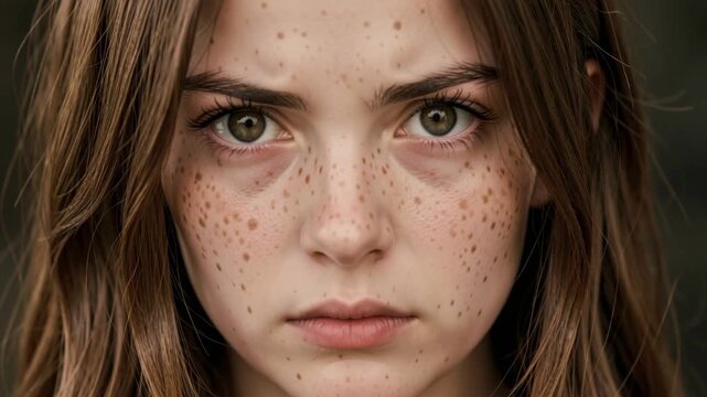 A portrait of a young woman with freckles on her face, looking thoughtfully away from the camera. Her hair frames her face and she has fair skin. The background is blurred out.