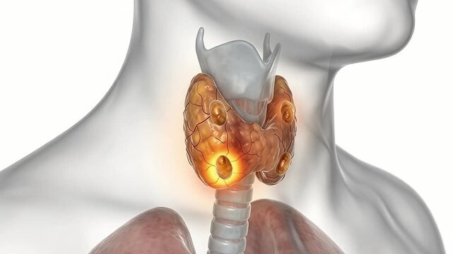 3D Medical Animation of Thyroid Gland with Glowing Parathyroid Glands in Human Neck Anatomy