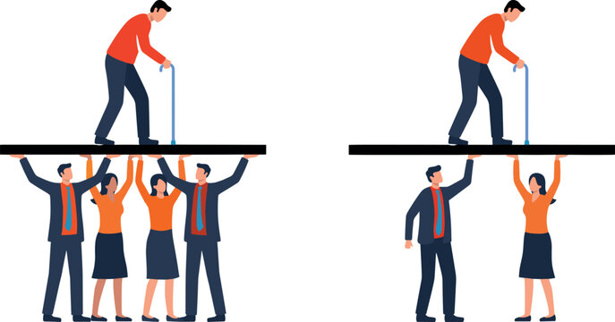 Social Support and Elder Care Concept Vector Illustration with Team vs Fewer People Supporting a Platform with an Old Man Holding Walking Stick