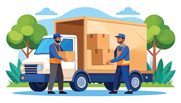 Two men moving boxes in truck.
