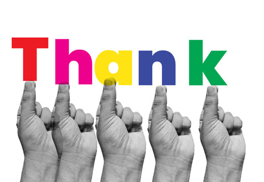 fingers pointing to the letters of Thank You, fingers spelling out Thank You, five fingers pointing to letters 