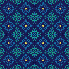 Fototapeta premium Classic damask floral seamless pattern in navy blue and teal. Luxury Mediterranean geometric ornament background for commercial interior wall decor, fashion fabric and textile