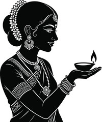 Traditional Indian woman holding oil lamp in silhouette style cultural festival and celebration illustration © Maverick Creations