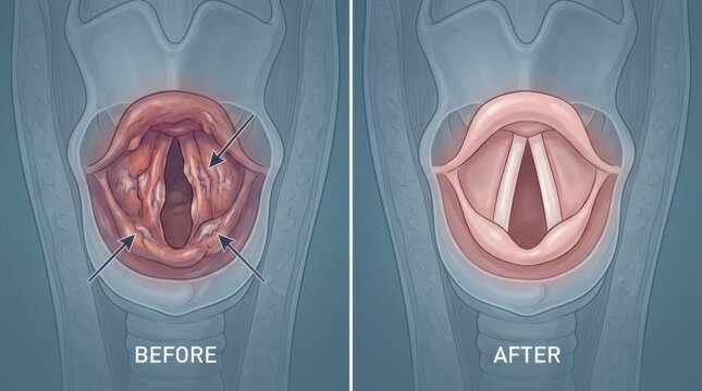 Anatomical illustration of vocal cord transformation before and after surgery