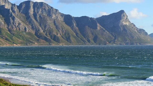 Scenic view of Koeelbaai Sparks Bay and the Hottentots-Holland Mountain Range. Western Cape, South Africa