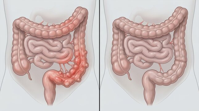 Comparison of a diseased colon with diverticulitis and a healthy surgically repaired colon