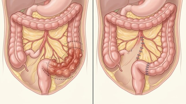 Before and after surgical repair of inflamed diverticula in the colon