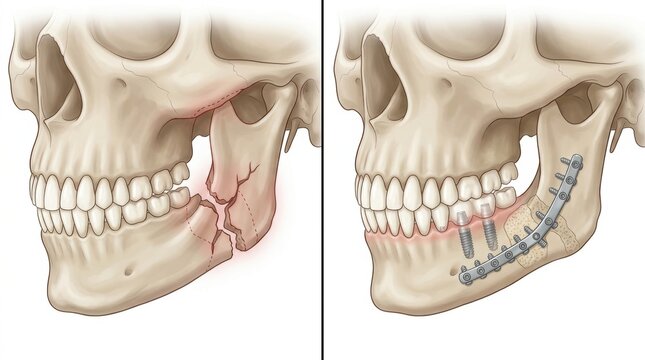 Mandible fracture repair with plate and screws, and dental implants