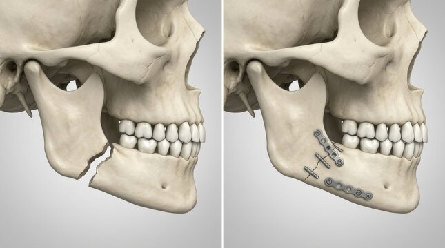Detailed illustration of jaw fracture and surgical fixation procedure