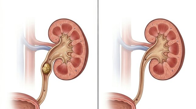 Illustration comparing healthy kidney function with kidney stones