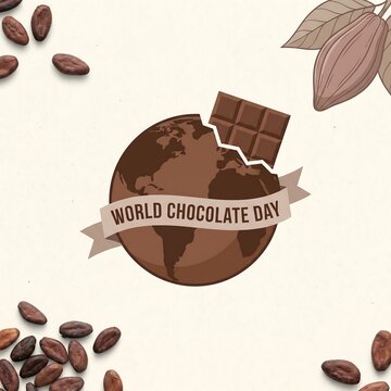 Vector illustration of world chocolate day with chocolate globe and cocoa beans on beige background