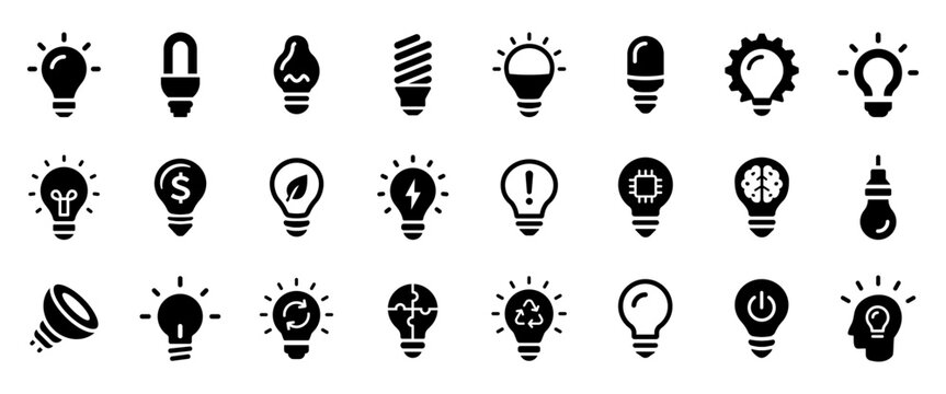 Light bulb icon set glyph style. Lighting and electricity symbol collection. Idea and energy black signs pack. Editable pictograms for bulb, lamp, power, innovation, LED and smart technology design.
