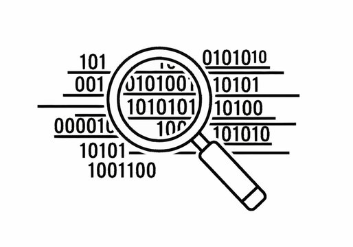 Magnifying Glass Examining Binary Code Data Analysis Icon.
