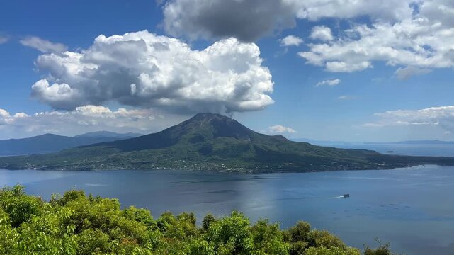 新緑の前景と錦江湾と桜島を望む夏の風景動画（鹿児島・4K）