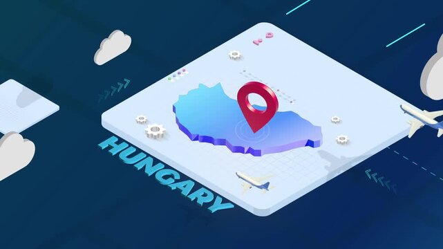 Isometric 3D Render of Hungary Map with Red Location Pin Pointer and Floating Airplanes