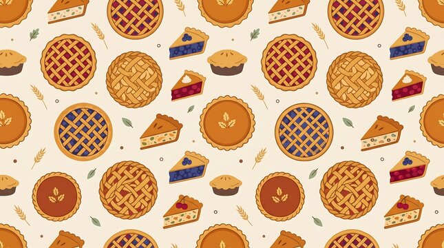 Colorful illustration of various pie types on a beige background with wheat and leaves