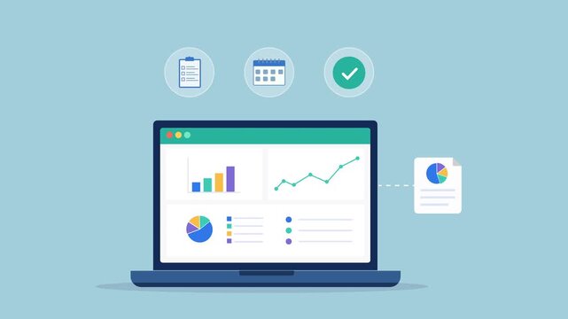 Modern flat vector animation featuring an analytics dashboard with task management, scheduling, and completion tracking icons. Ideal for project planning, workflow monitoring, productivity, and busine