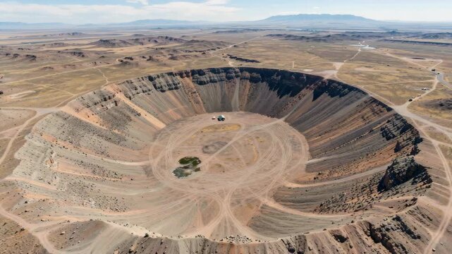 An aerial view of a desert mining site with roads and an open pit mine, set against a mountainous backdrop.