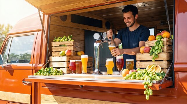 Bartender pouring fresh draft beer from tap at foodtruck during summer festival. Happy man serving craft ale in glass. Outdoor street food catering business and brewery event concept.