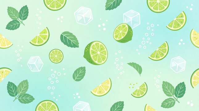 Vibrant illustration of limes, mint leaves, and ice cubes on a gradient background