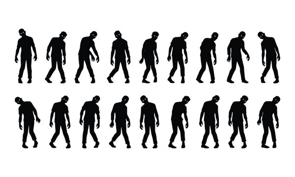 Undead Zombie Silhouettes Walking Set Isolated on White
