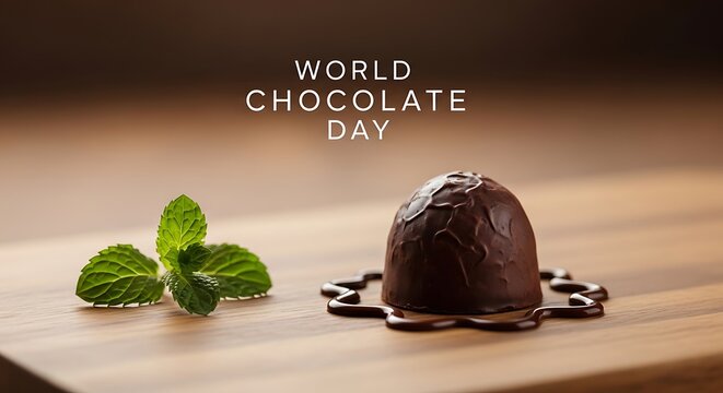 A chocolate truffle with mint leaves on a wooden table for world chocolate day celebration with a delicious treat
