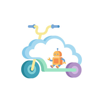 A small orange robot rides a scooter shaped like a cloud